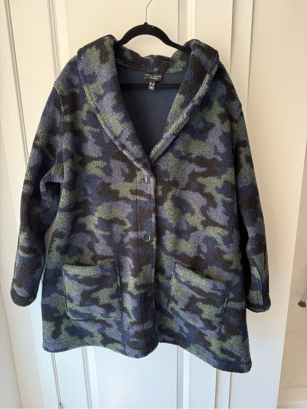 Susan Graver Reversible Sherpa Jacket in Navy & Olive Camo